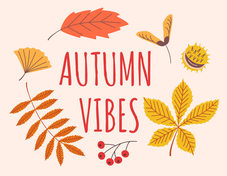 Stylish postcart, banner of bright autumn leaves, fruit of trees, with inscription autumn vibes.のイラスト素材