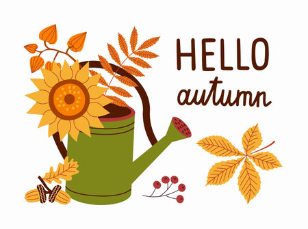 Autumn plants in watering can. Harvest gathering time. Autumn season colorful composition with quote inscription.のイラスト素材
