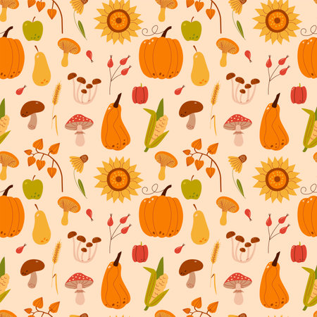 Autumn harvest pattern. Collection of ripe delicious vegetables, fresh fruits, berries, mushrooms, late flowers.のイラスト素材