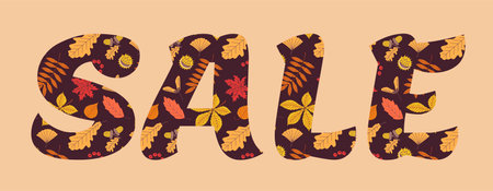 Inscription sale of pattern of autumn plant elements. Vector illustration of fruits and leaves in autumn colours.のイラスト素材