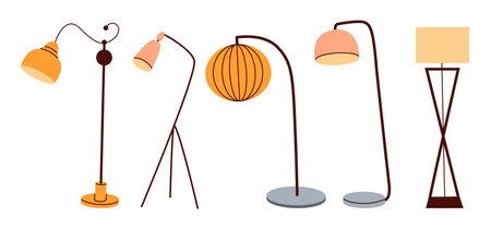 A set of lighting fixtures for home decor. Decorative floor lamp. Diverse lighting for interior design.のイラスト素材