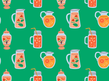 Seamless pattern of lemonade jugs with ice cube and fruits. Refreshing drink with mint leaves in pitcher with straw.のイラスト素材