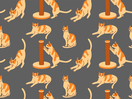 Cats in different poses. Seamless pattern of drawn domestic animals.のイラスト素材
