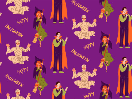Seamless pattern of scary carnival clothing. Happy people at masquerade Halloween party.のイラスト素材