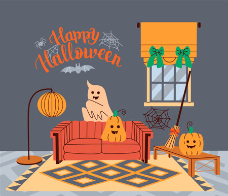 Home decor for Halloween party. Holiday room decoration. Hand written Happy Halloween text.のイラスト素材