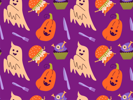 Seamless pattern of funny ghosts, pumpkin for Halloween decoration. Cute Halloween spirit.のイラスト素材