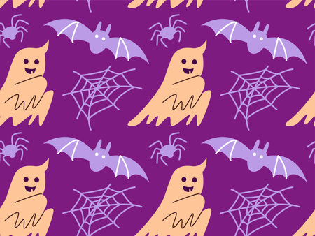 Seamless pattern of funny ghosts for Halloween decoration. Cute Halloween spirit.のイラスト素材