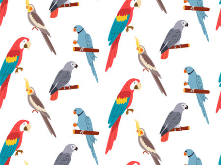 Parrots, exotic seamless pattern. Endless tropical background, jungle birds. Repeating print design.のイラスト素材