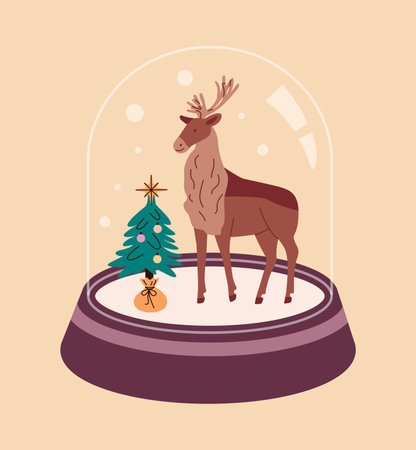 Glass snow globe with Christmas tree and deer. Podium under transparent glass dome. Christmas decorative design.のイラスト素材