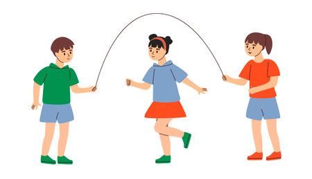 Children jump rope. Outside kids activities and games, summer outdoor pastime.のイラスト素材