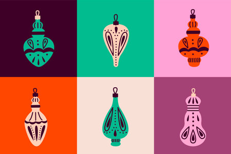 Set of red Christmas decorations and balls. Christmas holiday concept. Flat vector illustration on white background.のイラスト素材