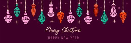 Christmas atmosphere Horizontal long banner type. Background with colorful hanging balls and decoration.のイラスト素材