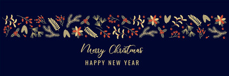 Christmas atmosphere Horizontal long banner type. Greeting card with fir branches and holly berry border.のイラスト素材
