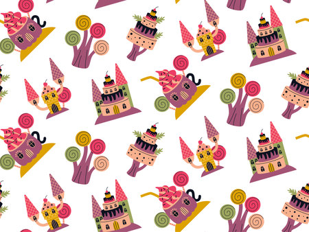 Seamless pattern of cartoon fantasy sweet land caramel trees and houses. Fantasy nature candy landscape illustration.のイラスト素材