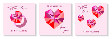 Happy Valentines day greeting card set. Trendy love and Valentine cards with typography and geometric jewelry hearts.のイラスト素材