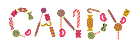 Candy lettering composition with caramel and gelatin candies. Flat vector illustration.のイラスト素材