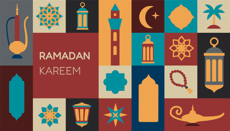 Geometric style colorful Islamic Ramadan Kareem banner, poster design, pattern and geometrical background.のイラスト素材