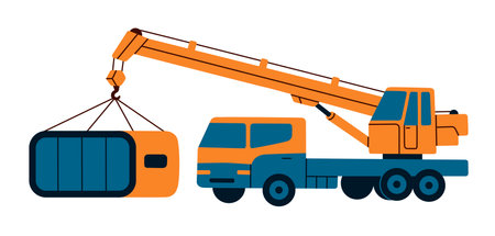 Truck crane lifts assembled modular home. Flat vector illustration.のイラスト素材