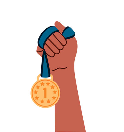 Hand holding gold medal. Symbol of relay race, competition victory, champion or winner.のイラスト素材