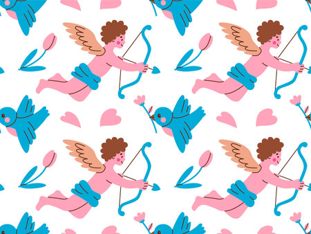Valentines day vector hand drawn seamless pattern. Cartoon style heart, flower, angel, bird. Flat vector illustration.のイラスト素材