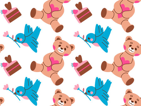 Valentines day vector hand drawn seamless pattern. Cartoon style flower, Teddy bear, bird. Flat vector illustration.のイラスト素材