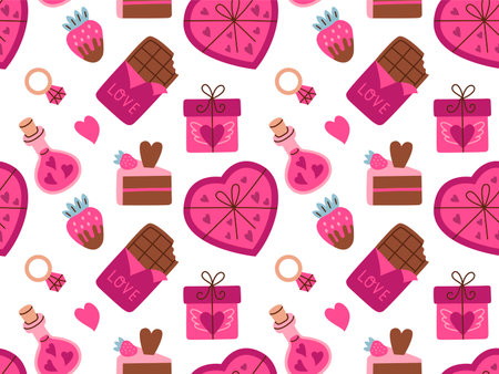 Valentines day vector hand drawn seamless pattern. Cartoon style heart, chocolate, sweets. Flat vector illustration.のイラスト素材