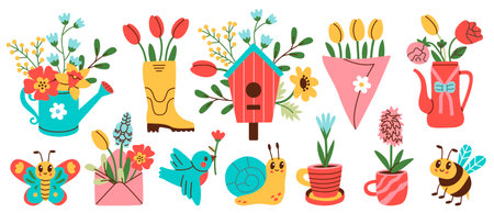 Set of spring hand drawn elements. Floral decor. Flowers, branches, bouquets, watering can, teapot, birdhouse.のイラスト素材