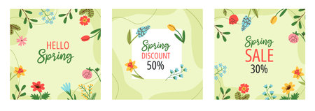 Set of trendy botanical floral backgrounds. Minimalist design with spring flowers and branches. Vector template.のイラスト素材