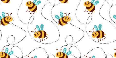 Seamless pattern with flying bees on a dotted route. Vector brown and yellow bees isolated on white background.のイラスト素材