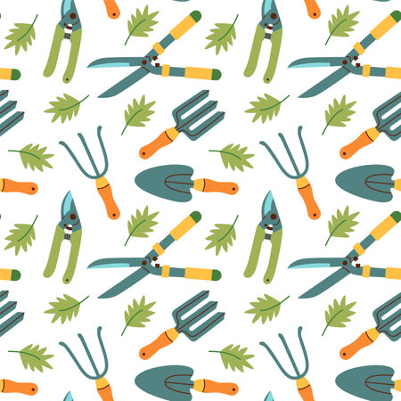 Seamless pattern of gardening items in hand drawn style. Agricultural and garden tools for spring work.のイラスト素材