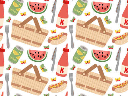 Summer and Spring Picnic seamless pattern. Fresh fruits, ketchup, basket, hot dog. Food and Drinks...