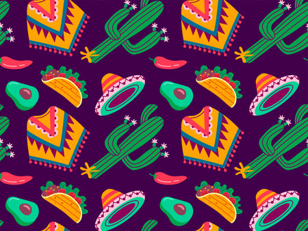 Cinco de Mayo seamless pattern, May 5, federal holiday in Mexico. Symbols of Mexican culture on a...