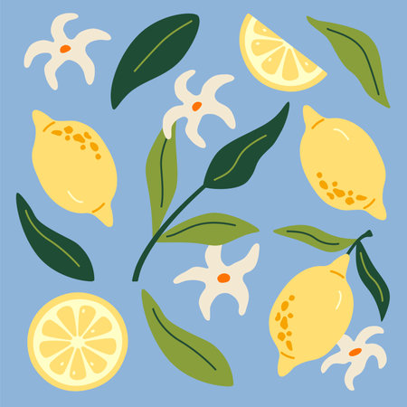 Modern abstract illustration lemon with leaves. Modern art print. Set of citrus tropical fruits. Summer design.のイラスト素材