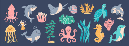 Set of hand drawn marine life. Fish and wild sea animals. Octopus, seahorse, whale, dolphin, killer whale, turtle, squid, cachalot. Algae and seashells. Vector cute flat cartoon illustration.のイラスト素材