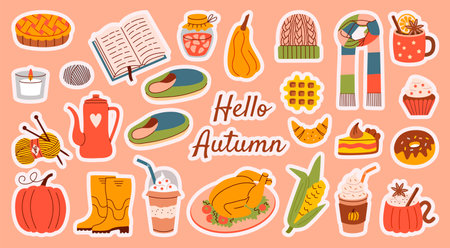Flat style autumn stickers set with cozy elements like knitting, hot drinks, slippers, pies, and more. Ideal for seasonal designs, bullet journals, scrapbooks, and creative projects.のイラスト素材