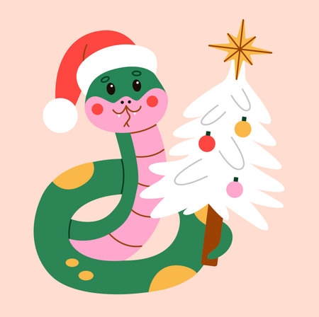 Festive snake wearing a Santa hat and holding a decorated Christmas tree. Flat style illustration perfect for holiday designs, greeting cards, and seasonal decorations.のイラスト素材
