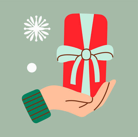 Hand holding a red gift box with a mint ribbon in flat style. Minimalistic design with festive elements like snowflakes, perfect for Christmas or holiday-themed projects and illustrations.のイラスト素材
