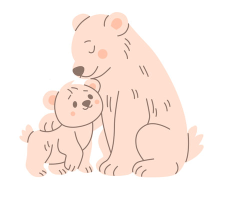 Cute illustration of a polar bear mother with her cub in flat style. Perfect for childrens books, nursery decor, or educational materials about animals and wildlife.のイラスト素材