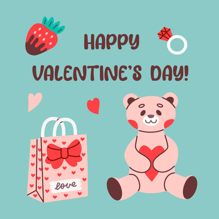 Flat style Valentines Day greeting card featuring a cute teddy bear holding a heart, a gift bag, chocolate-dipped strawberry, and a diamond ring. Perfect for romantic and festive designs.のイラスト素材