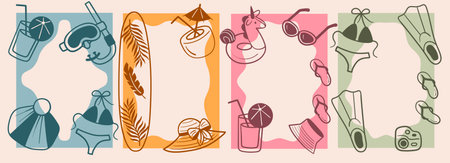 Hand-drawn doodle postcard set of beach vacation items in frames, including surfboard, bikini,...