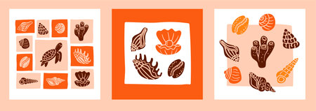 Hand-drawn doodle postcard set of ocean element silhouettes in frames, including turtle, shells, coral, and clam with pearl, ideal for marine decor, beach designs, and underwater themesのイラスト素材