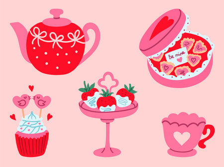 Flat style Valentine tea time set with red teapot, heart chocolate box, dipped strawberries, lovebird cupcake, and pink heart cup, perfect for romantic cards, cafe branding, and sweet party decor.のイラスト素材