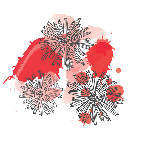 Hand drawn vector flower with watercolor splashes with freehand textures and nature floral motifs in pastel colors isolated on white background.のイラスト素材