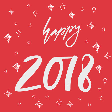 Happy 2018. Hand drawn lettering greeting card with calligraphy on christmas background. Vector illustration. Calligraphy for design cards, overlays, scrapbooks. Vector calligraphy signのイラスト素材