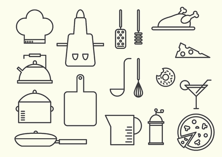 Kitchen utensils icons, thin line style, flat designのイラスト素材