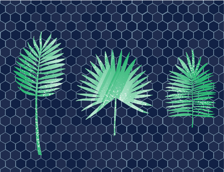 Tropical palm leaves set isolated on honeycomb background. Vector illustration EPS10のイラスト素材