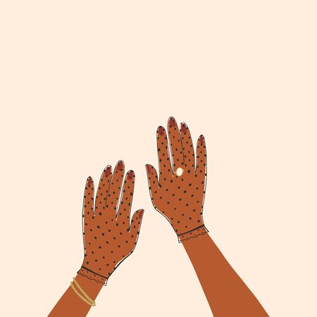 Elegant hands in gloves with dark brown skin. Female palms with manicure, bracelets and rings. Body parts, hands isolated on white background. Beauty, fashion and environment protection conceptのイラスト素材