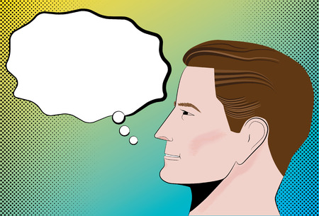 Retro comic book style male head with talk bubble and halftone dotsのイラスト素材
