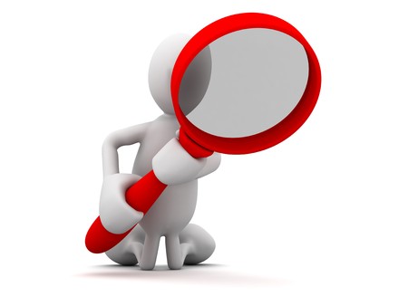 XXL 3D render of a human cartoon, on his knees, using a red magnifier to search for something.の写真素材