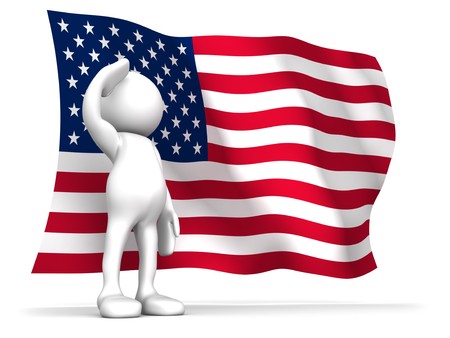 Three dimensional render of a cartoon human figure, saluting with the American flag in the background. 4th of July celebrationsの写真素材